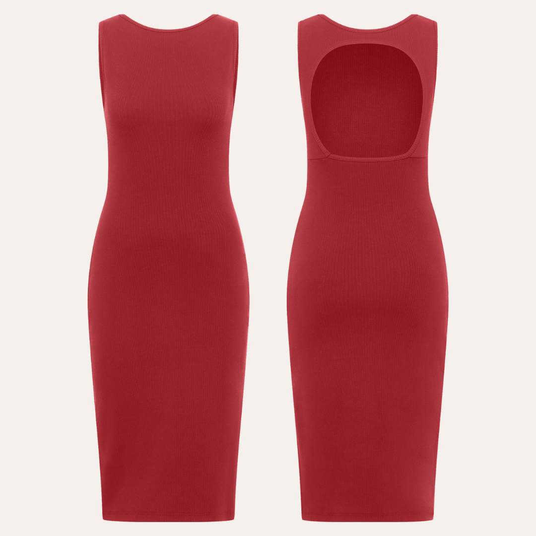 luna knit dress Luna Two-Tone Ribbed Knit Dress With Graphic Detail In Red by Rumour London