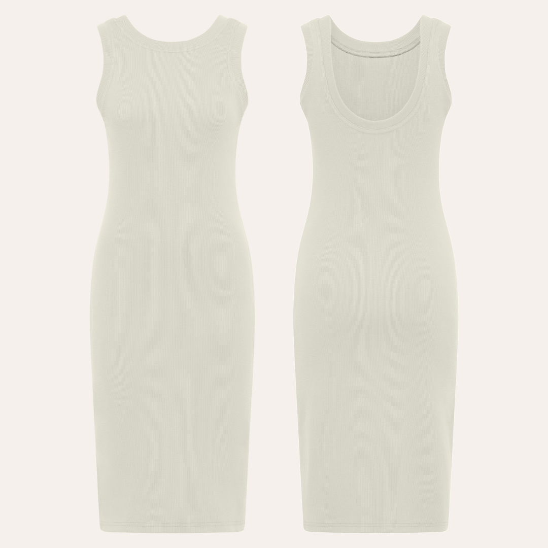 Mia rib-knit cotton dress with open back. Robe Mia en coton côtelé avec dos ouvert. Mia 露背罗纹针织棉质连衣裙。 Rippstrick-Baumwollkleid „Mia“ mit offenem Rücken. Abito Mia in cotone lavorato a costine con schiena scoperta. Vestido Mia de algodón en punto de canalé y espalda abierta.